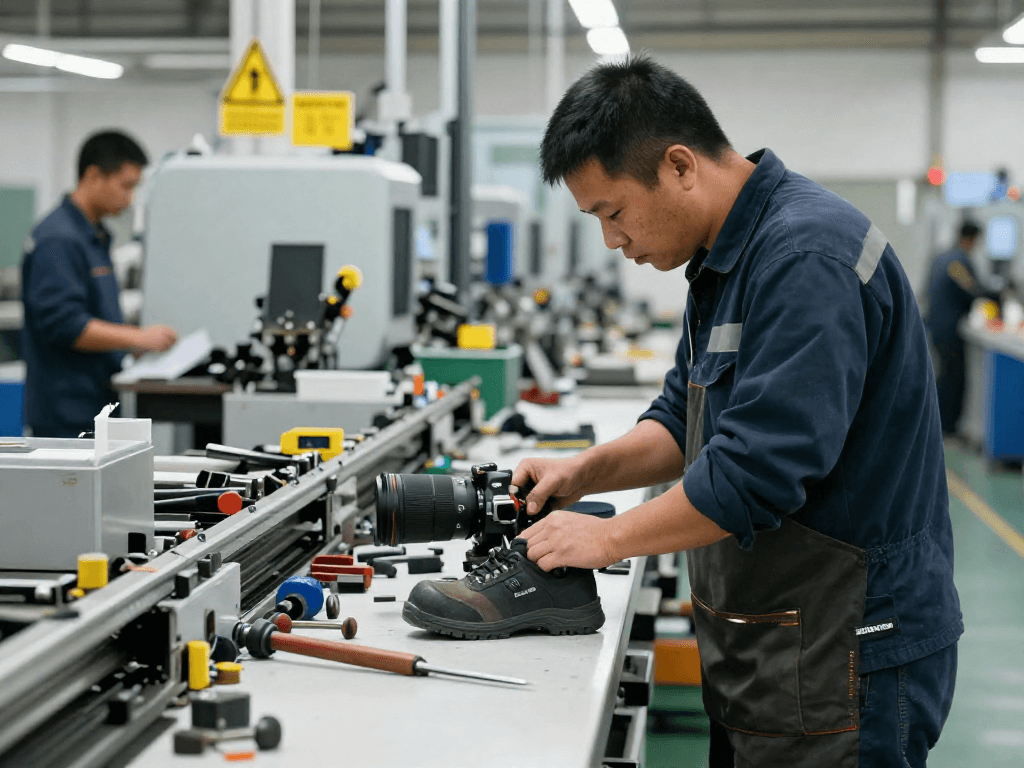 Scena di un lavoratore in scarpe antinfortunistiche Diadora durante assemblaggio in un ambiente industriale.