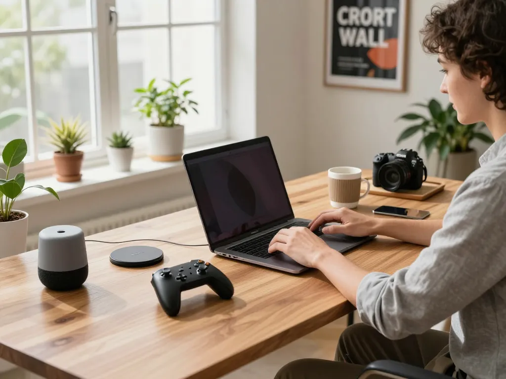 Person using must have tech gadgets in a modern home office, showcasing Bluetooth controller and smart speaker.