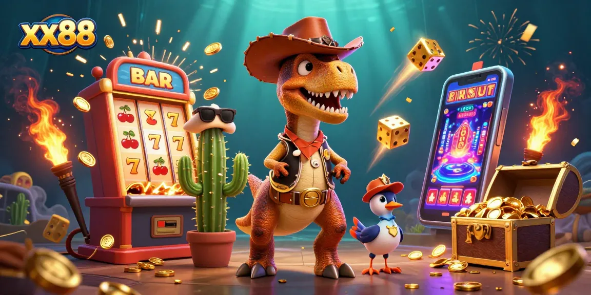Engage with xx88's vibrant online casino experience, featuring dynamic slot machine action and colorful characters.
