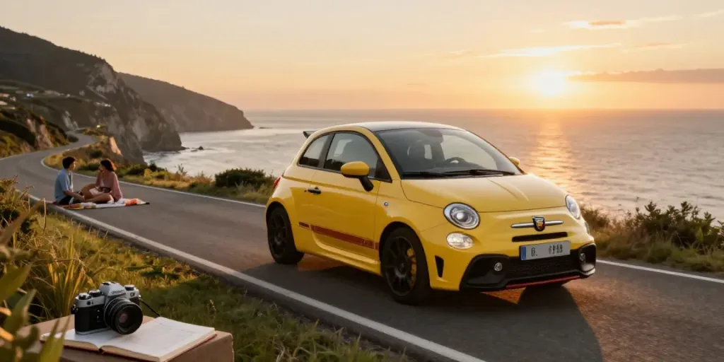 Noleggio lungo termine Abarth 595 su strada costiera al tramonto, coppia felice durante picnic.