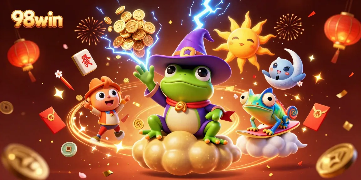 Experience exciting gaming moments with 98win's stunning 3D illustration of a treasure storm.