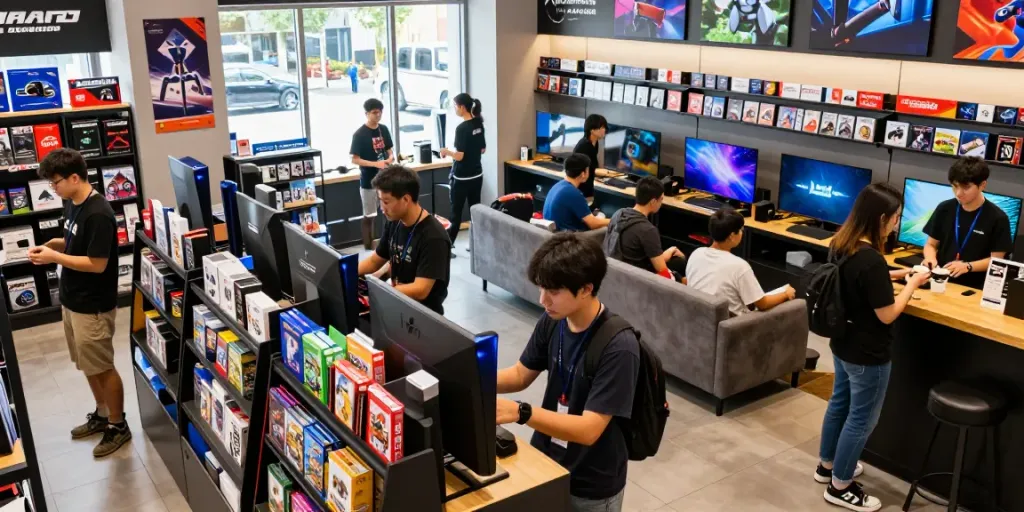 rokok88 gaming store with diverse gamers enjoying consoles and accessories in a vibrant atmosphere