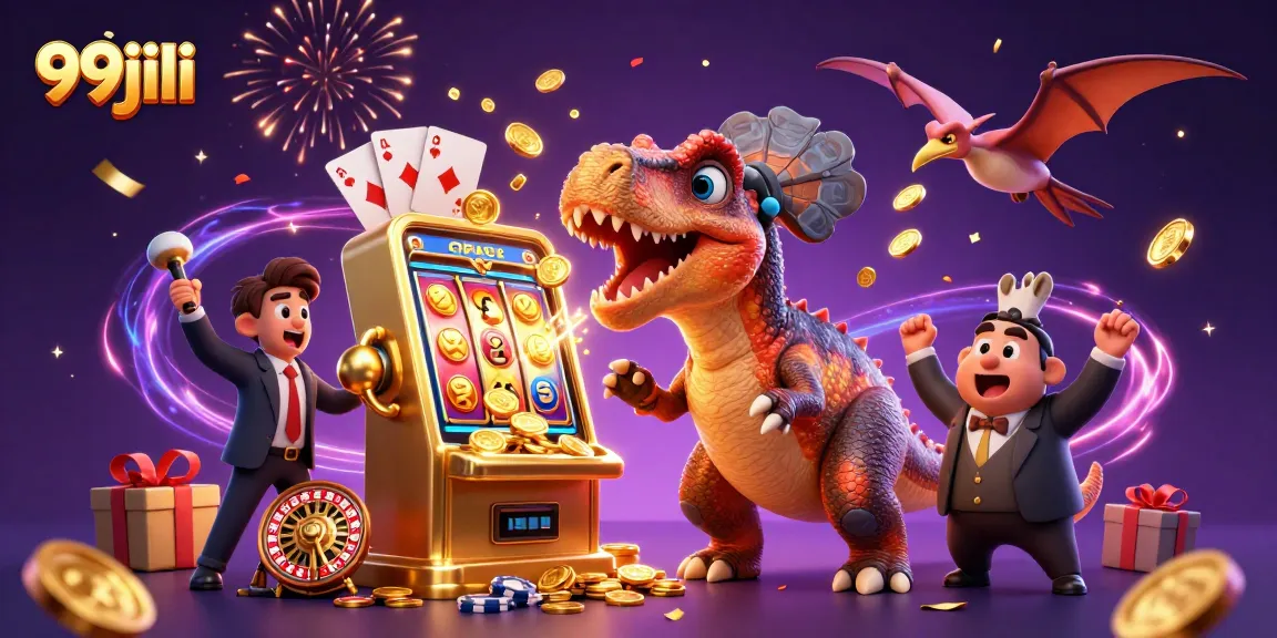 Catch the excitement of 99jili with a dinosaur-themed casino scene showing dynamic jackpot action.