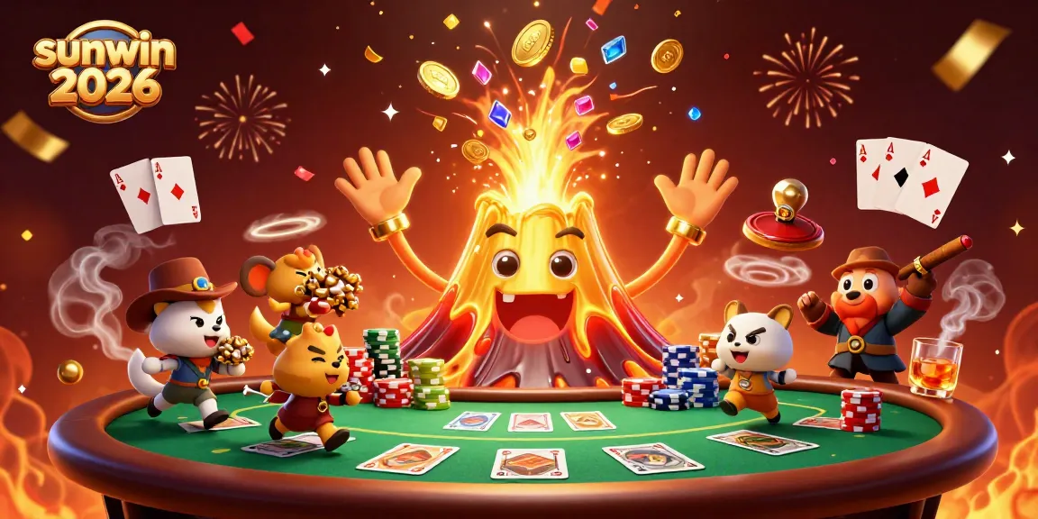 Players enjoy thrilling wins at sunwin 2026, featuring a golden volcano and poker elements in an exciting casino scene.