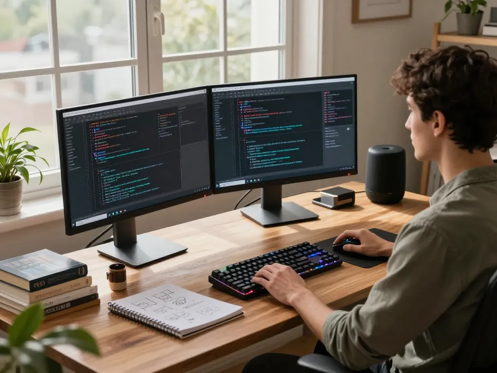 Developer using a Mac Mini in a cozy home office setting, showcasing productivity and tech integration.