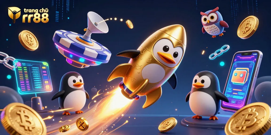 Experience the excitement at trang chủ rr88 with a vibrant cosmic casino adventure, featuring a golden penguin and crypto elements.