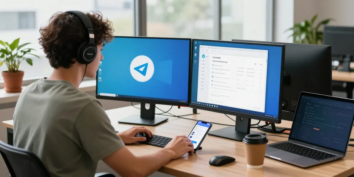 Download Telegram app shown on dual monitors in a modern tech workspace, highlighting innovative communication.