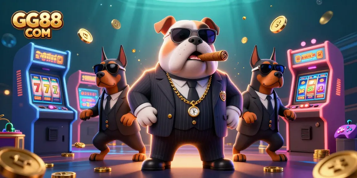 Engage with GG88 COM in a vibrant casino scene featuring a bulldog mafia boss and illuminated slot machines.