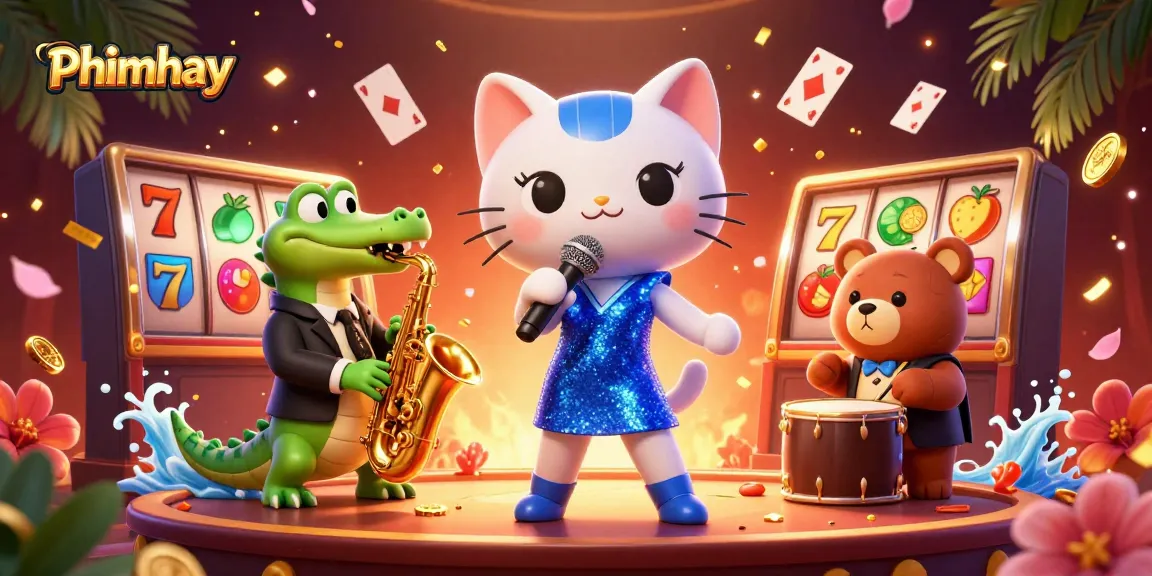 Experience thrilling Phimhay casino moments with a jazzy cat, croc, and bear in vibrant action.