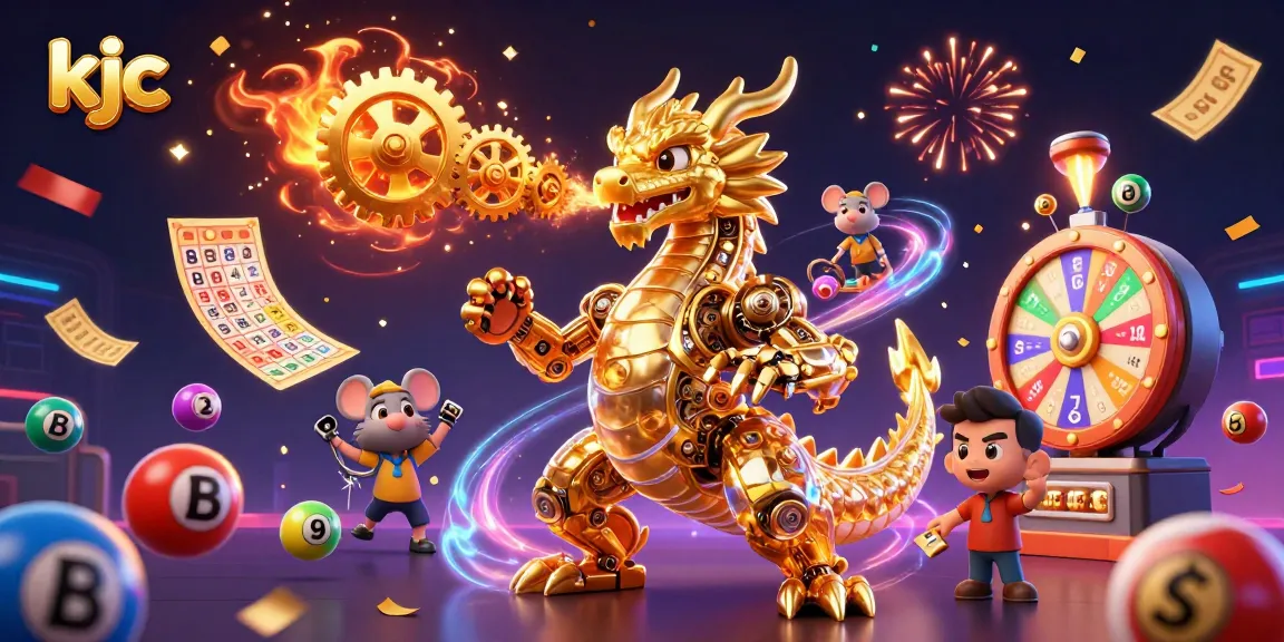 Win prizes in KJC's dynamic gaming world with a golden dragon and exciting lottery elements.