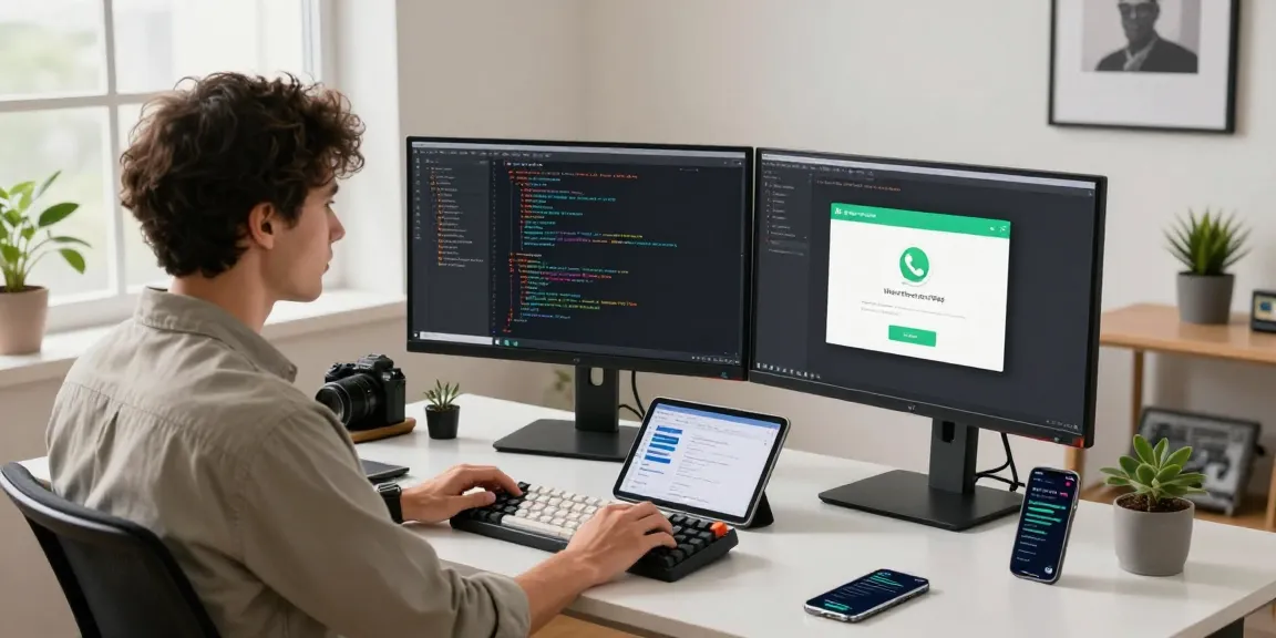 Developer using WhatsApp網頁版 on dual monitors in a modern office workspace.