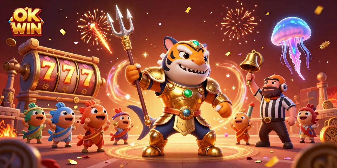 Engage in thrilling gameplay at OK WIN with a dynamic 3D underwater casino scene showcasing a fierce tiger shark in gladiator armor.