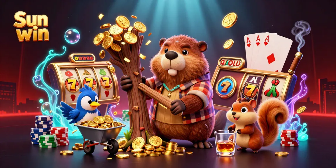 Win big with Sun win: A lively casino scene featuring animated characters and jackpots.