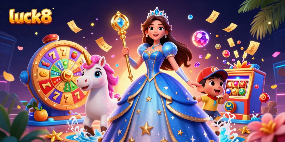 Experience luck8 as a glamorous casino scene featuring a royal blue queen surrounded by vibrant slot game elements.