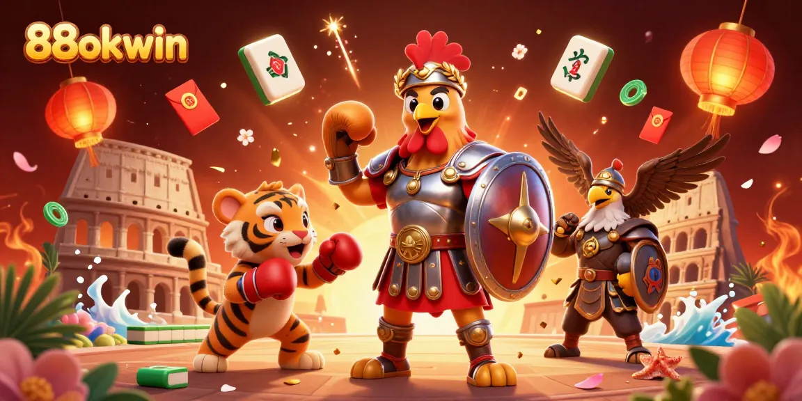 Spin luck at 88okwin with the gladiator rooster and tiger cub in a captivating casino scene.
