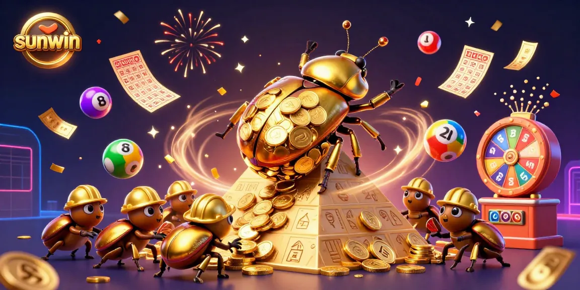 Experience thrilling wins at sunwin with a golden beetle rolling coins in a vibrant casino scene.