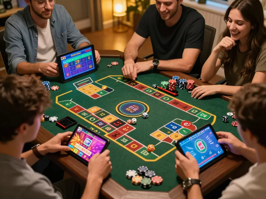 Xóc đĩa online players engaged in a lively game with vibrant gaming devices around.