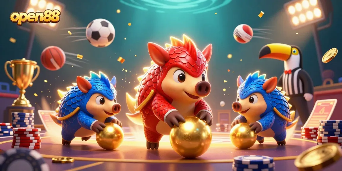 Join the excitement at open88 with dynamic pangolins in red and blue battling through casino chips and sports elements.