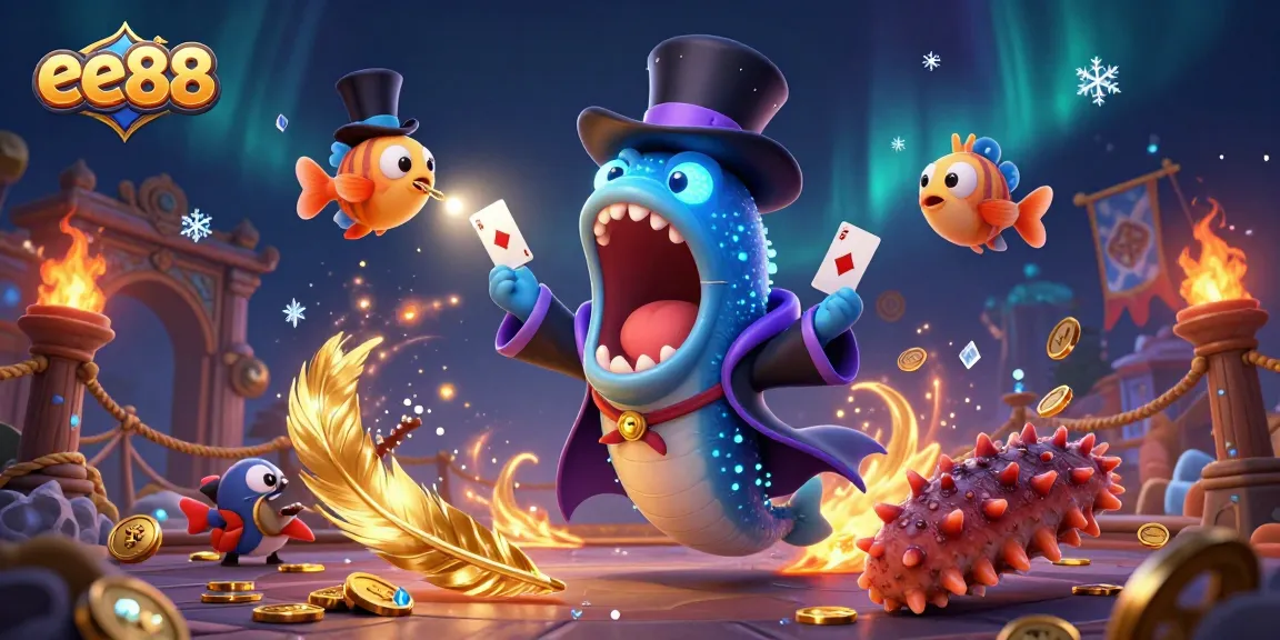 ee88's enchanting magic show featuring deep-sea creatures captivating gamblers with card tricks, lighting, and flair.