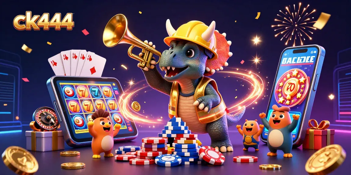 Embark on winning adventures with ck444 as cartoon dinosaurs celebrate building poker chip pyramids.