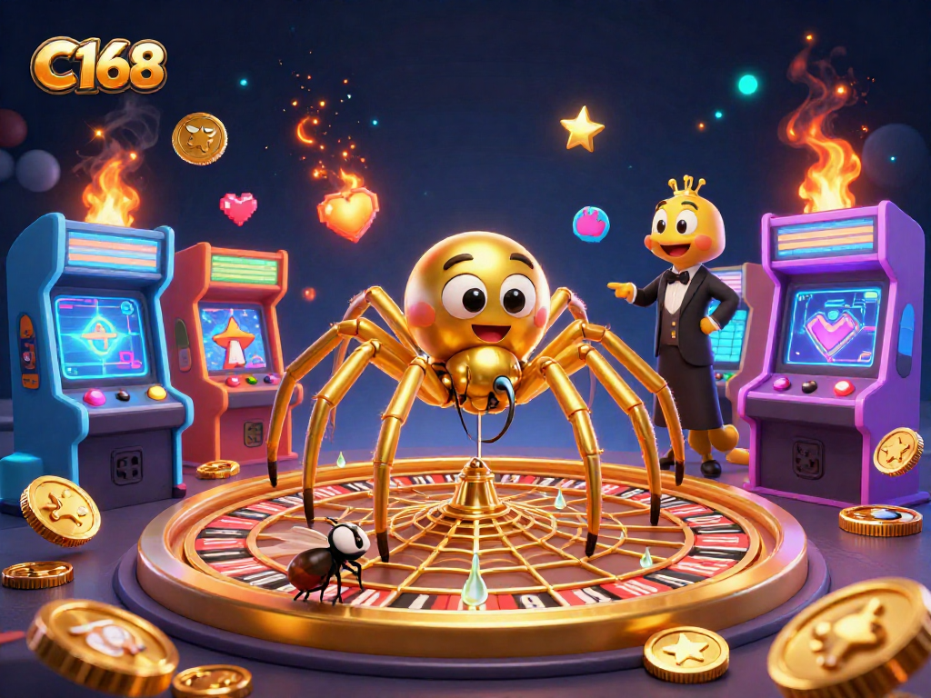 C168 gamers spinning fortunes with 3D cartoon characters in a vibrant casino scene