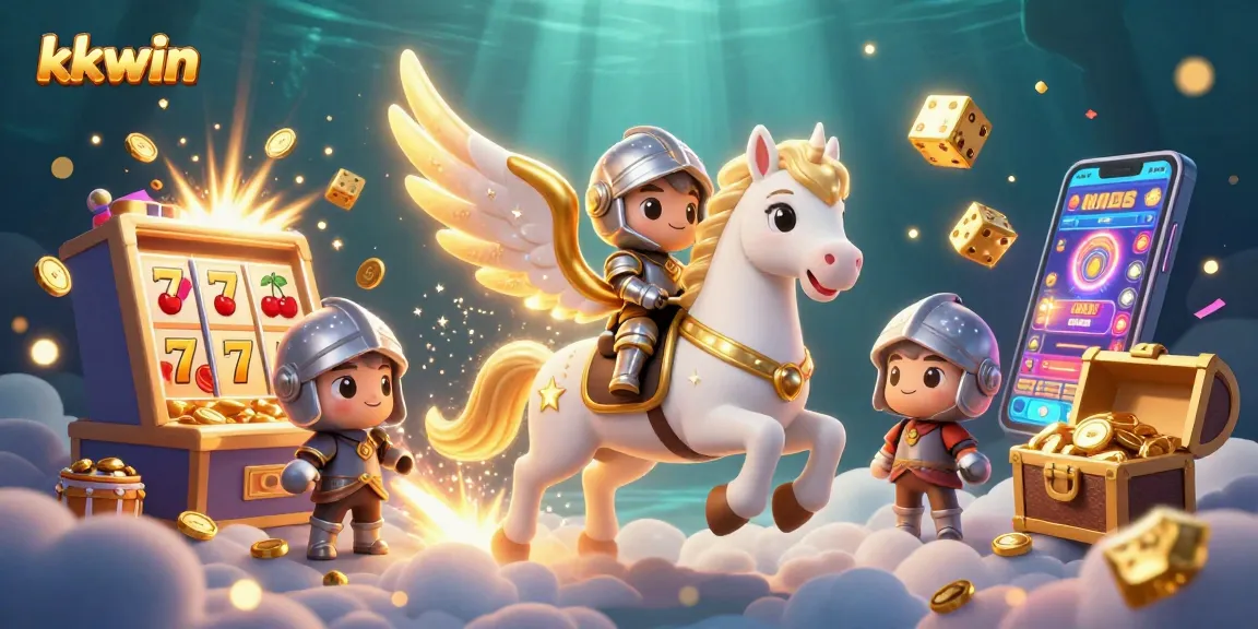 Engage with kkwin's 3D casino world featuring a celestial horse, vibrant game elements, and jackpot excitement.
