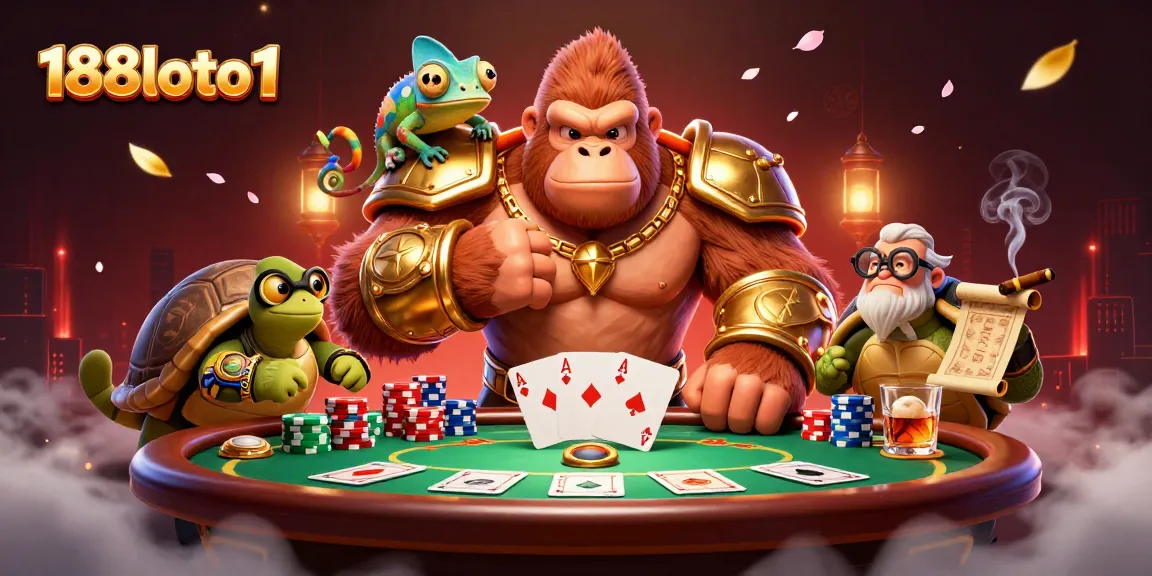 The dynamic scene captures 188loto1 with vibrant characters and rich casino elements illustrating a poker showdown.