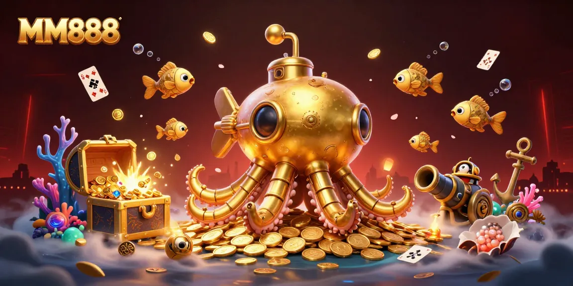 Experience the thrill of MM888 in a dynamic underwater casino scene with a golden kraken and mechanical fish.
