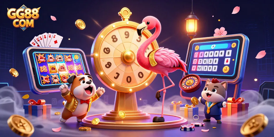 Play thrilling games at GG88 COM while enjoying dynamic prizes spinning around in a vibrant casino backdrop.