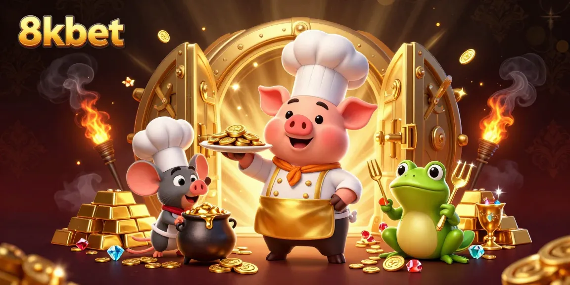 Engage with 8kbet's exciting 3D cartoon scene featuring characters celebrating with gold coins and gems.
