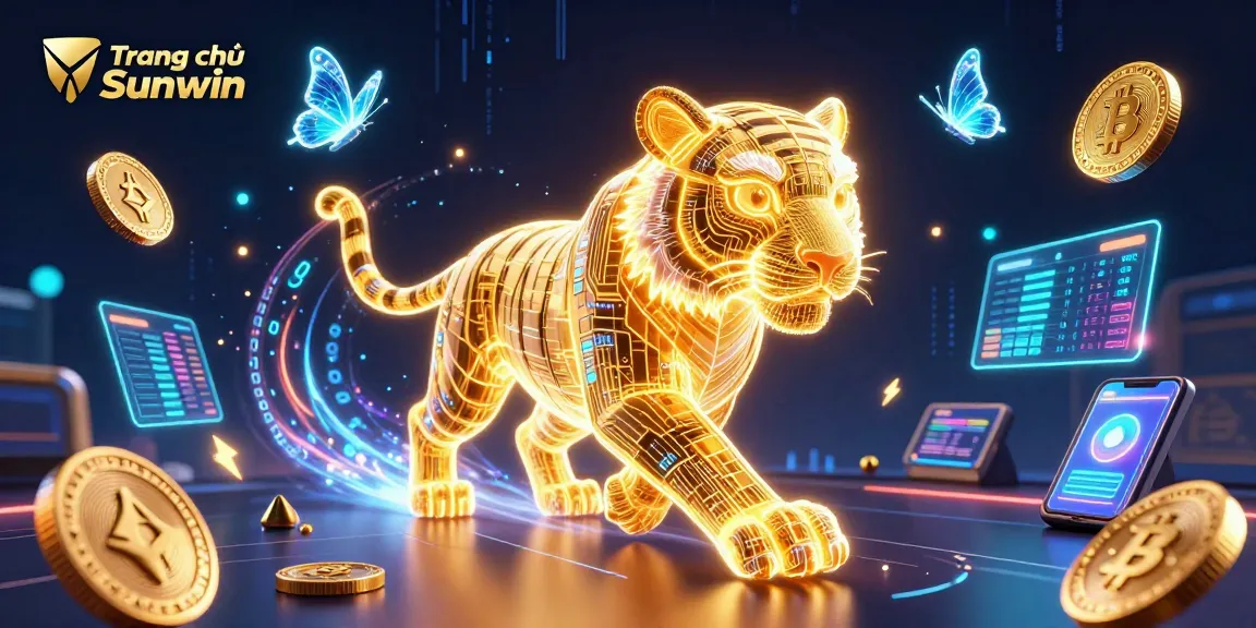 Experience the excitement of Trang chủ Sunwin with a vibrant digital casino scene featuring a golden tiger and holographic elements.