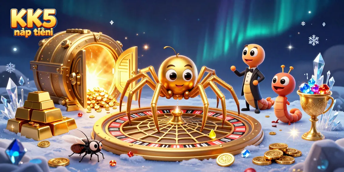 Bet with KK5 nạp tiền at an ultra-detailed 3D casino scene featuring a golden spider and riches.