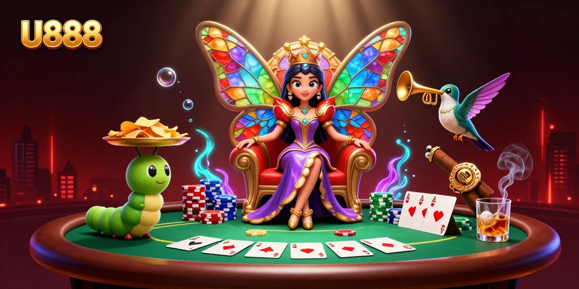 Bet on U888 with the butterfly queen and poker elements in a vibrant 3D scene.