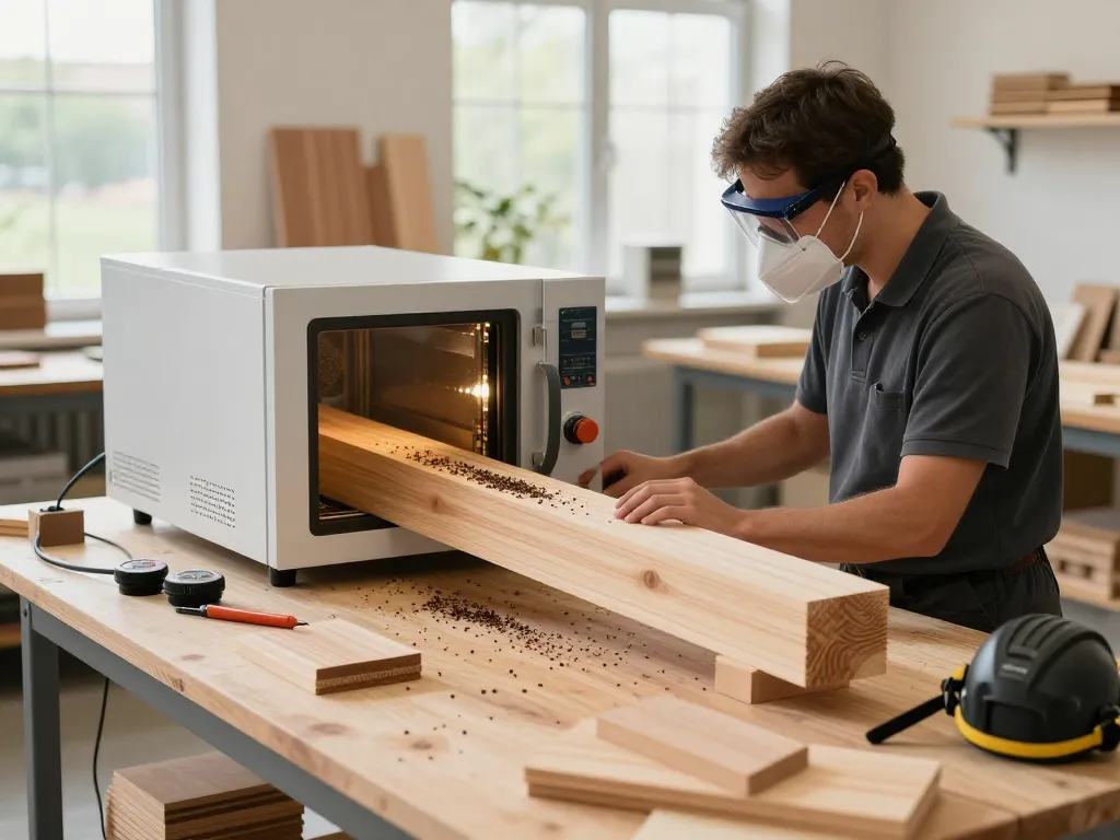 Trattamento microonde antitarlo efficiente in un moderno laboratorio di lavorazione del legno da un tecnico che elimina coleotteri infestanti del legno con tecnologia microonde avanzata.