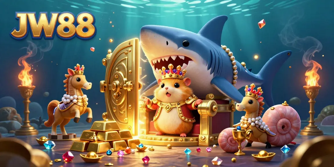 Experience the excitement of JW88 as the tiny hamster king rules over a treasure-filled casino throne with seahorse guards.