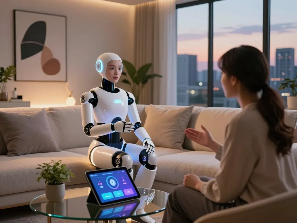 Interactive sex bot engaging in conversation in a modern living space, showcasing advanced AI technology.