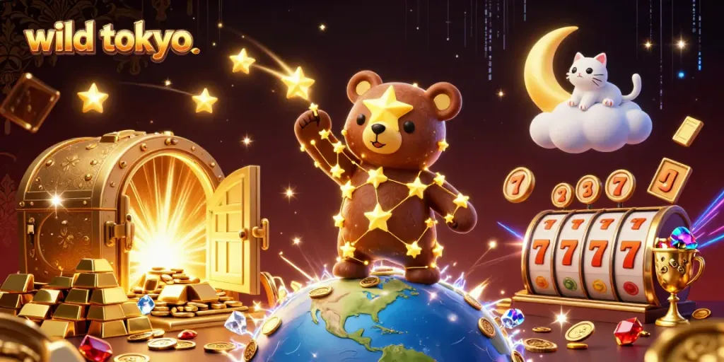 Experience the thrill of wild tokyo casino with vibrant 3D characters amidst a dazzling treasure scene.