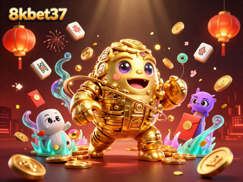 Experience vibrant gaming with 8kbet37's golden golem and festive Chinese elements in a thrilling casino scene.