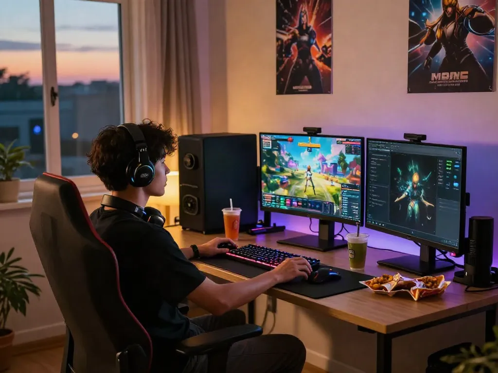 rokok88 login gaming setup with vibrant screens and ambient lighting