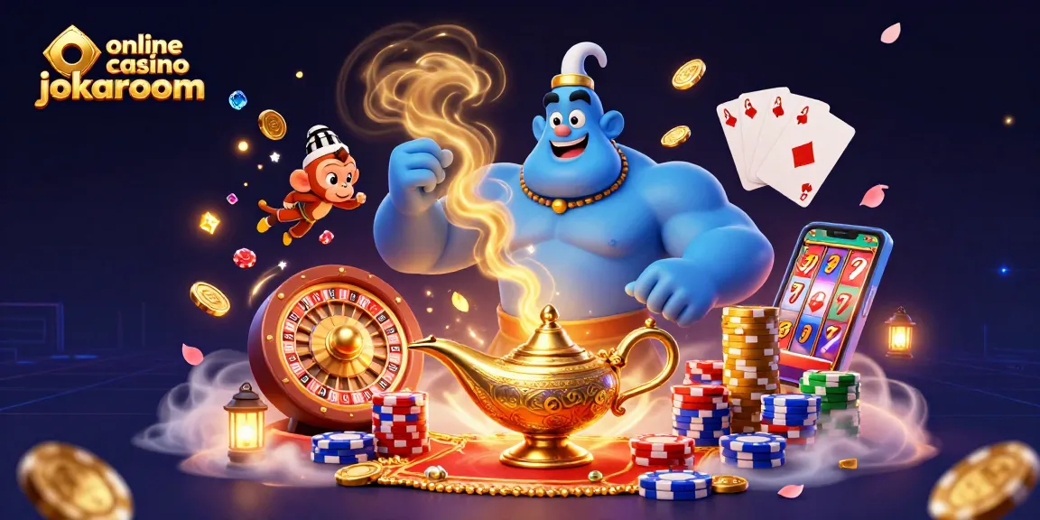 Experience excitement at online casino jokaroom with a 3D illustration featuring a genie, poker chips, and enchanting gaming elements.