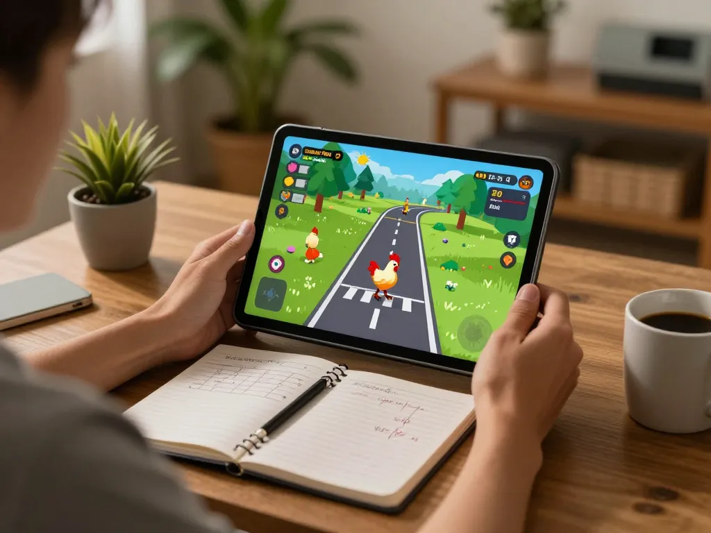 Partecipa al gameplay di Chicken Road recensioni a casa con note strategiche e display del tablet.
