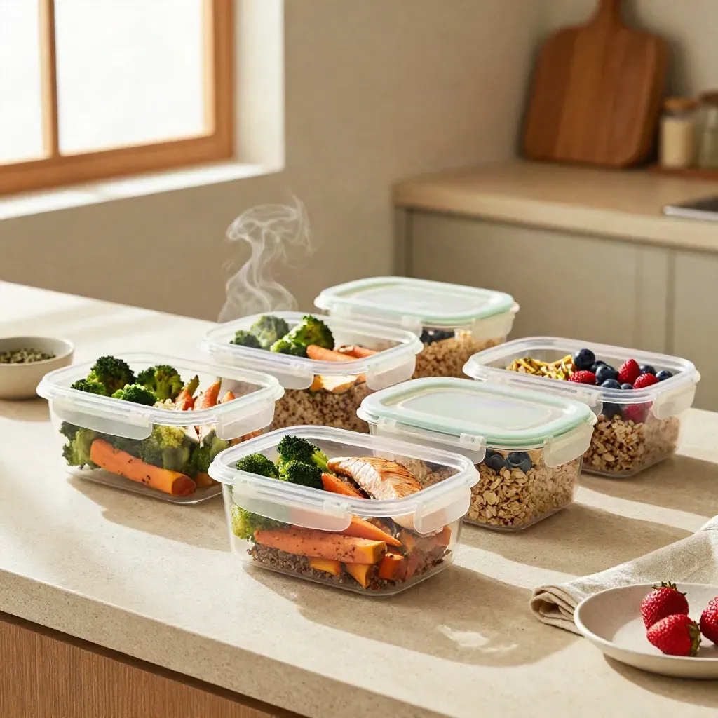 Cinque vaschette meal-prep con verdure, cereali, pollo e frutta su un banco di pietra chiara.