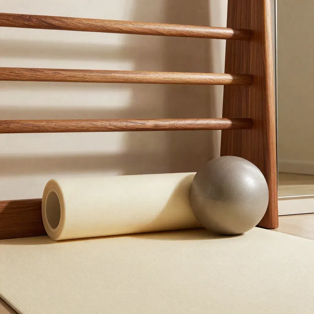 Angolo posturale con spalliera, foam roller, palla stabile, tappetino e specchio laterale.