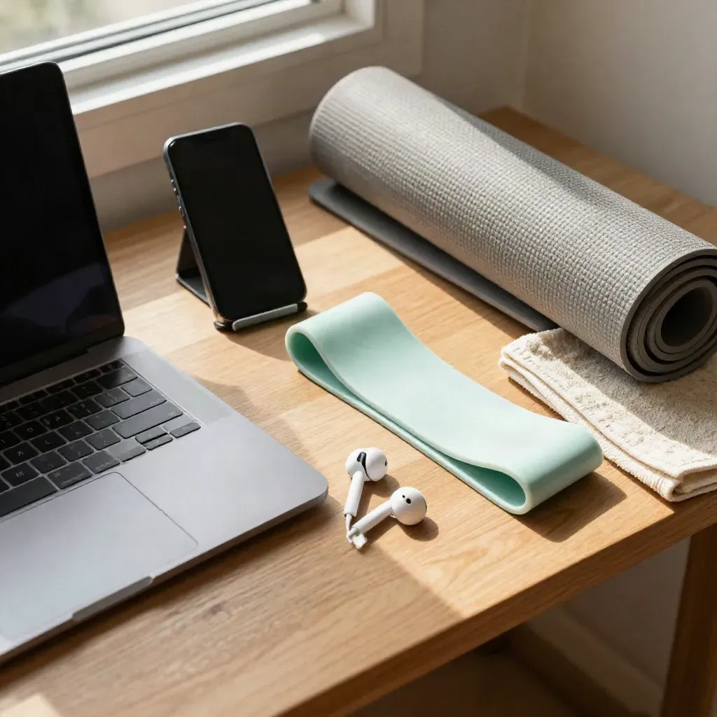 Postazione home fitness pronta per coaching online con laptop, smartphone, cuffie e tappetino.