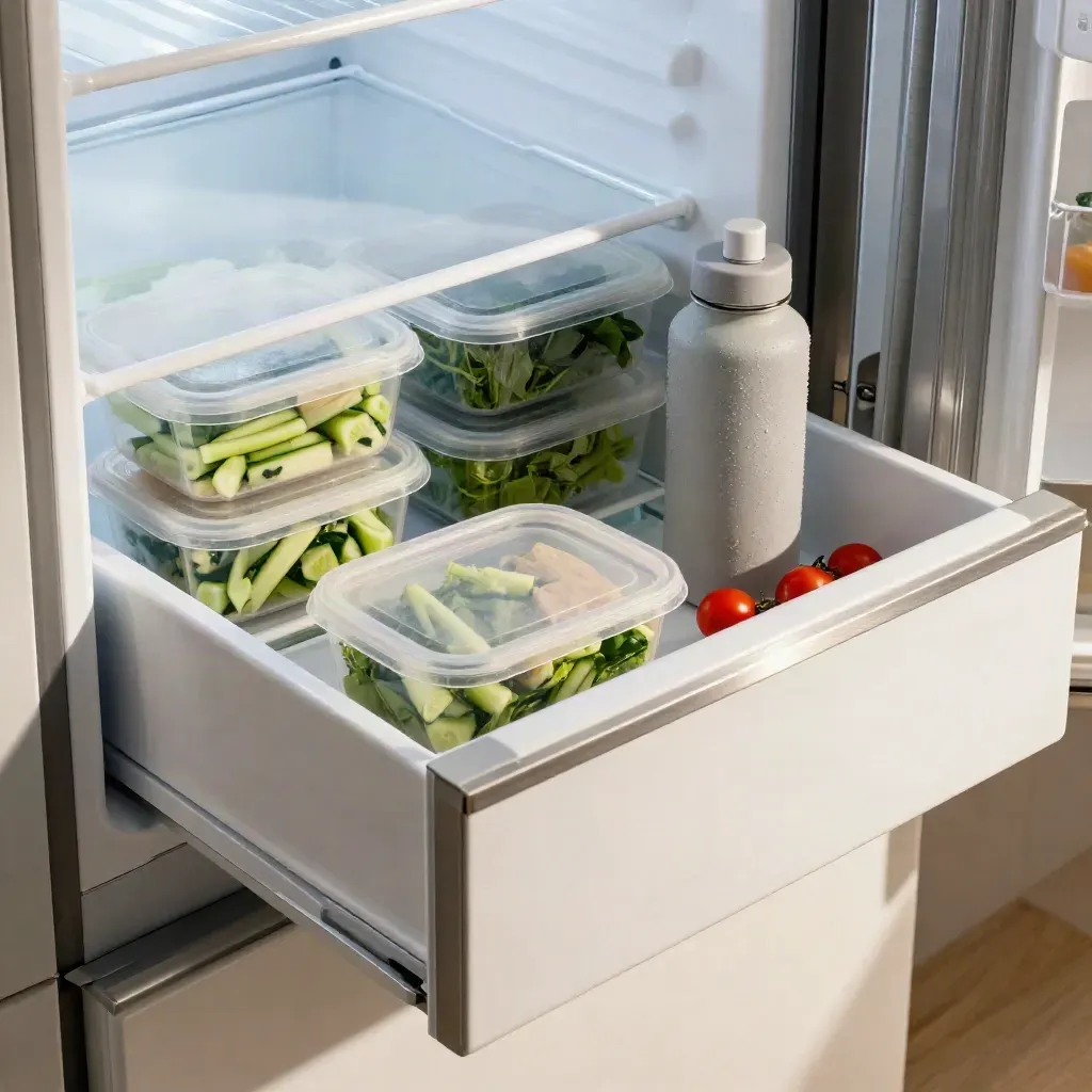 Cassetto del frigo aperto con vaschette ordinate, verdure fresche e borraccia opaca.