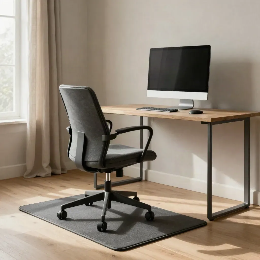 Angolo home office ergonomico con sedia allineata, cuscino lombare, tappetino e monitor spento di lato