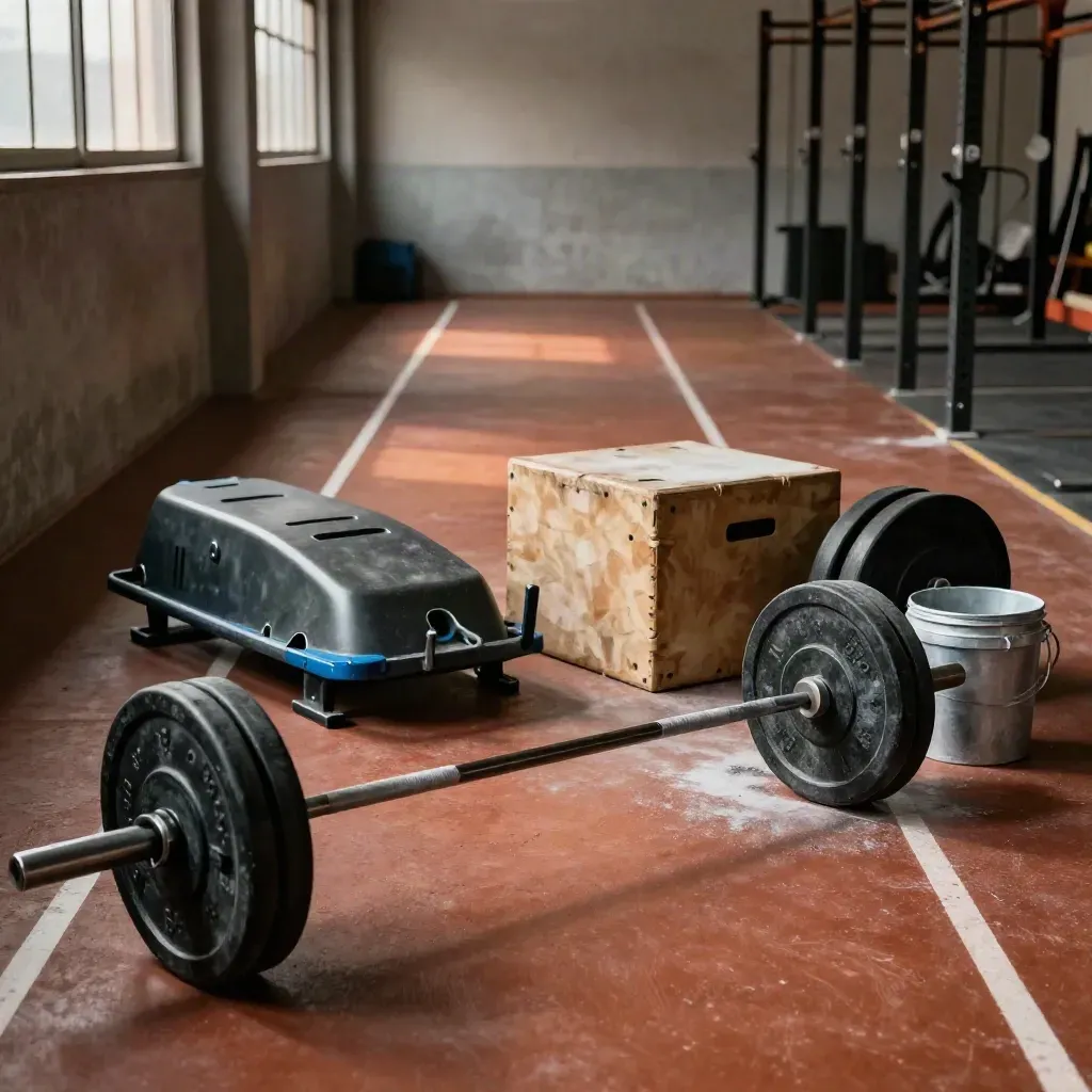 Corsia atletica con bilanciere carico, slitta, box, disco bumper e secchio di magnesite.