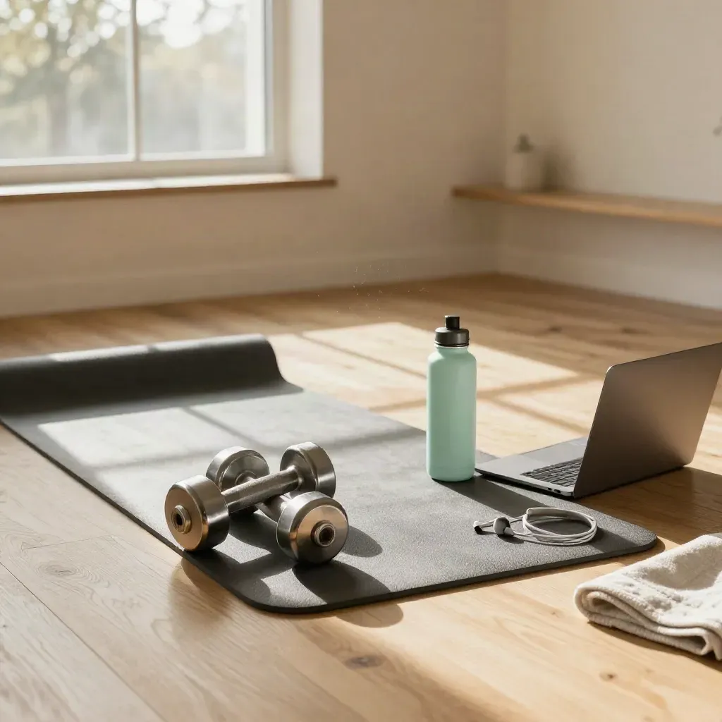 Angolo domestico per workout con tappetino, manubri, laptop chiuso e borraccia menta.