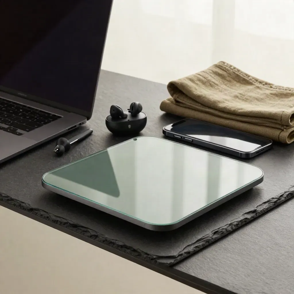 Laptop chiuso, smartphone, auricolari e base di ricarica su piano in ardesia per coaching online.