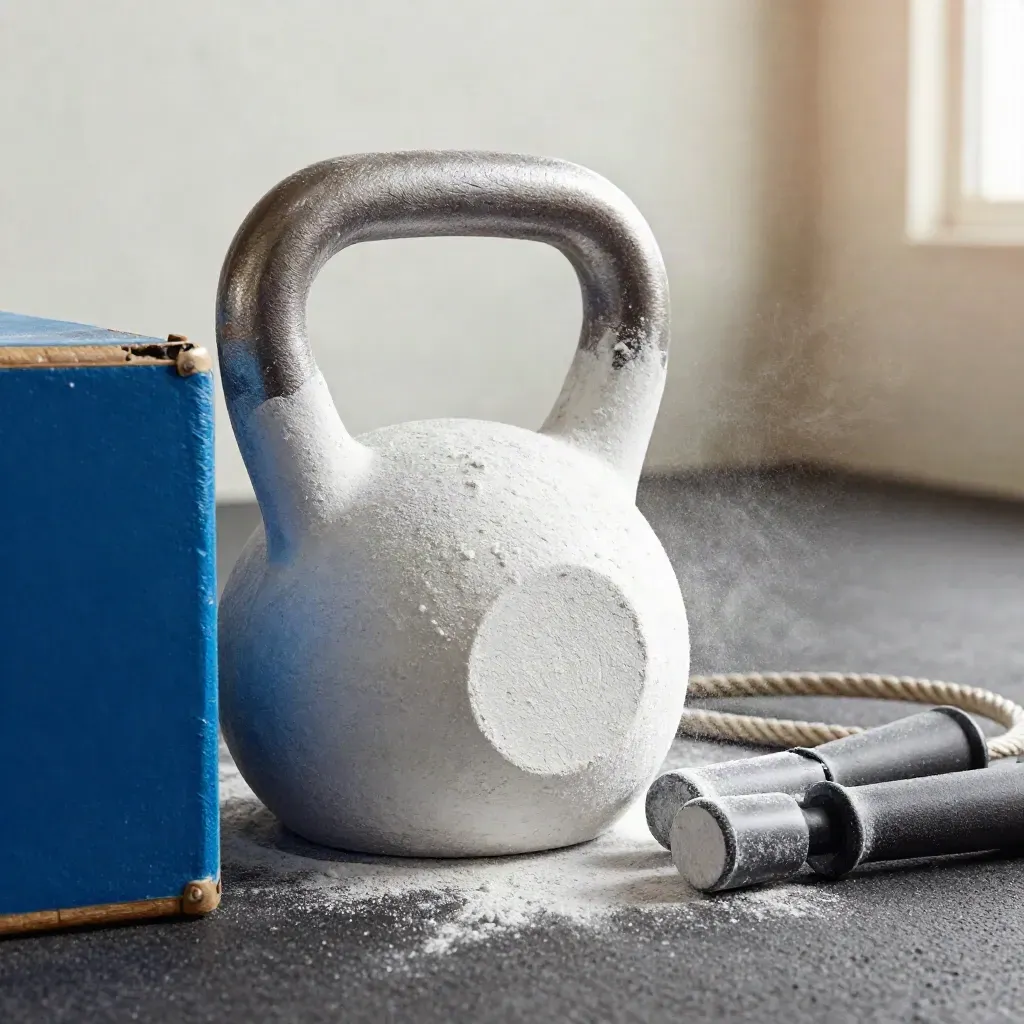 Impugnatura di kettlebell con gesso, bordo di box plyo e corda da salto su pavimento palestra.